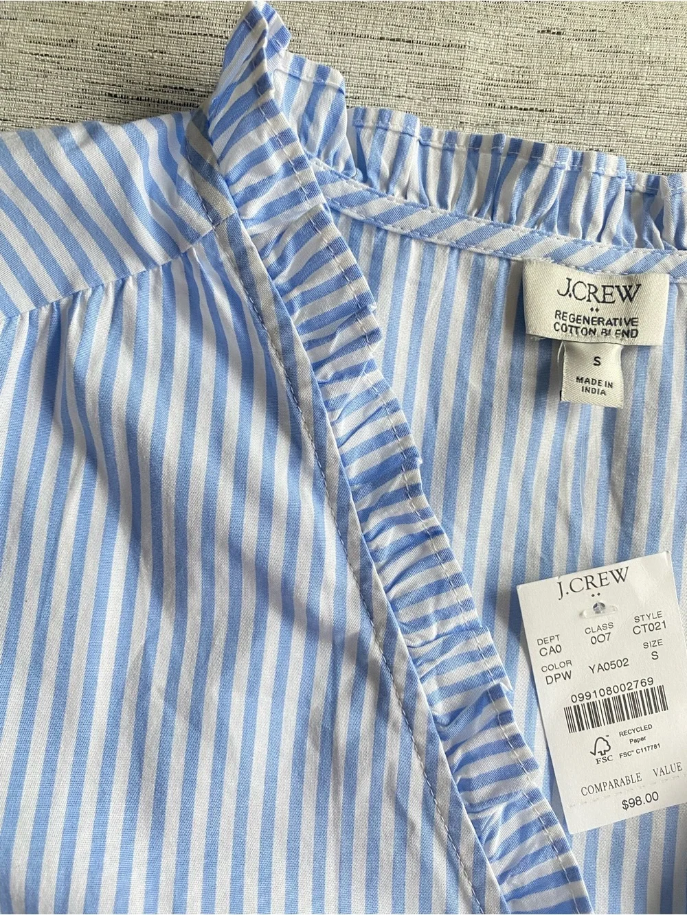 J. Crew Blue and White Striped Ruffle V-Neck Puff Sleeve Blouse